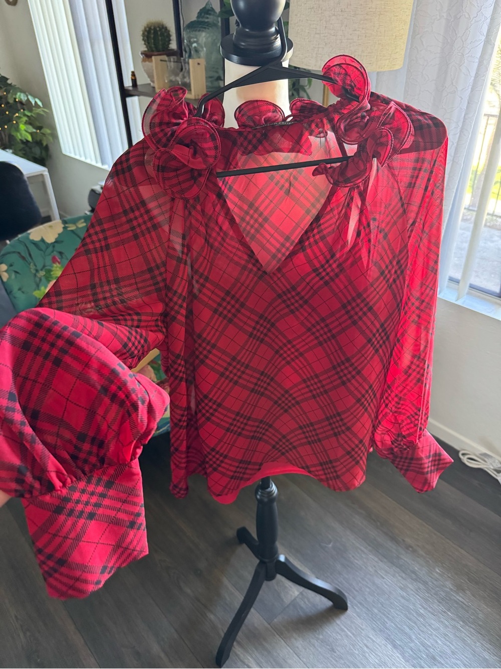 Boston Proper Red Plaid Ruffle V-Neck Blouse - Picture 7 of 8
